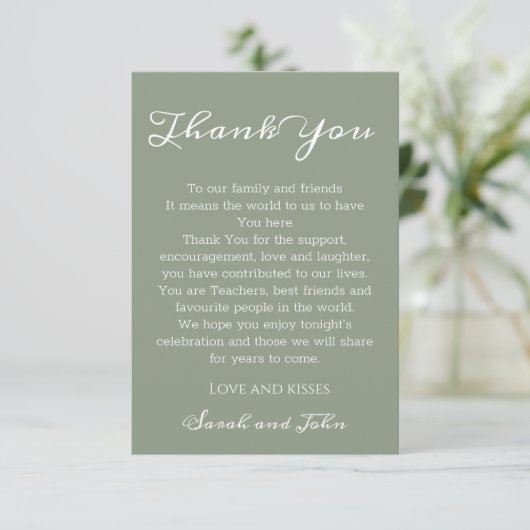Carte De Remerciements Elegant Sage Green and White Script Wedding (Debout devant)