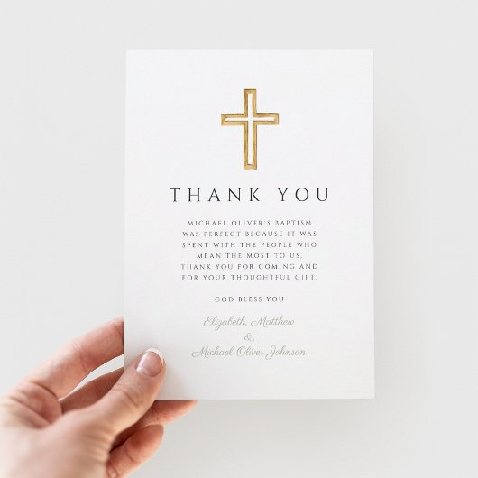 Carte De Remerciements Élégant Sage Green Croix religieuse Baptême