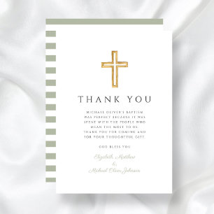 Carte De Remerciements Élégant Sage Green Cross Baptême