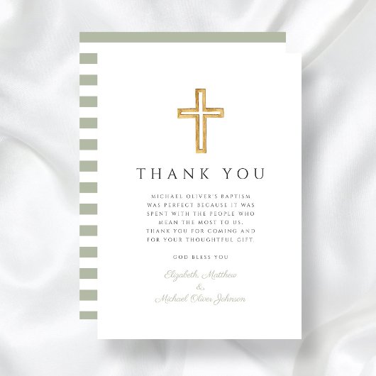 Carte De Remerciements Élégant Sage Green Cross Baptême