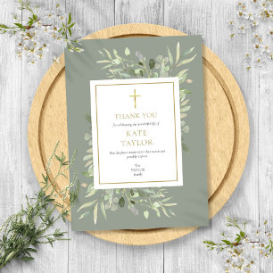 Carte De Remerciements Elégant Sage Green Funeral Memorial Gold Cross
