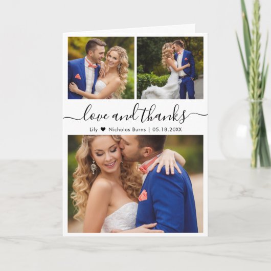 Carte De Remerciements Élégant Script 3 Photo Collage Coeur Mariage (Devant)