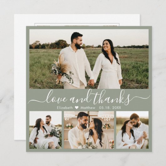 Carte De Remerciements Élégant Script 4 Photo Sage Green Collage Mariage (Devant / Derrière)