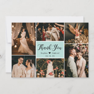 Carte De Remerciements Élégant script Aqua Mariage Multiphoto Collage
