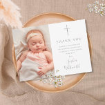 Carte De Remerciements Élégant Script Argent Baptême Christening Photo<br><div class="desc">Un élégant script signature argenté Baptême ou carte de remerciements de baptême. Personnalisez avec votre photo spéciale et un message de remerciement en lettres argentées chic. Conçu par Thisisnotme©</div>