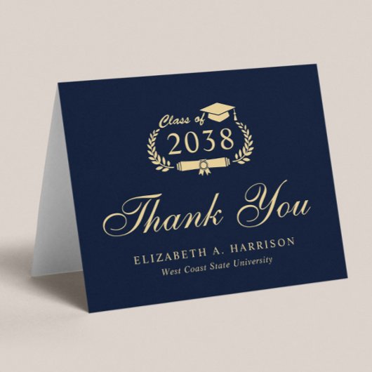 Carte De Remerciements Élégant Script Blue Gold Graduation