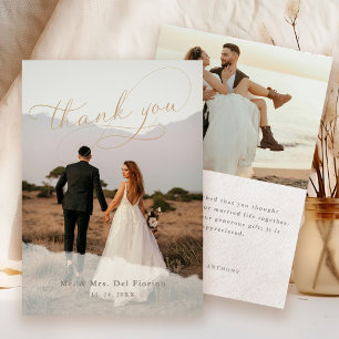 Carte De Remerciements Élégant script Botanique 2-Photo Overlay Mariage