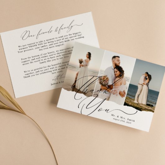 Carte De Remerciements Élégant script Calligraphie 3 Photo Collage Mariag