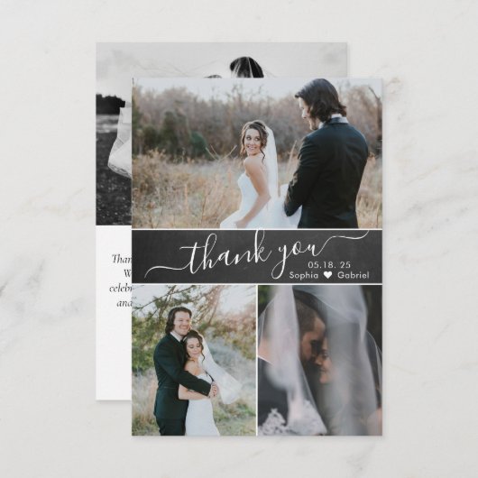Carte De Remerciements Élégant Script Chalkboard Mariage Photo Collage (Devant / Derrière)