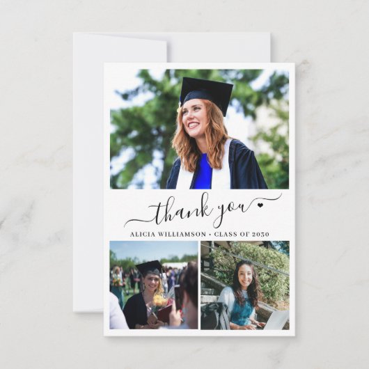 Carte De Remerciements Élégant script coeur graduation 3 photo collage (Devant)