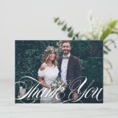 Carte De Remerciements Élégant Script Flourish White Photo Mariage (Debout devant)