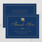 Carte De Remerciements Élégant Script Gold Grad Casquette Royal Blue (Devant / Derrière)