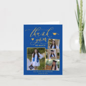 Carte De Remerciements Élégant Script Gold sur Blue 4 Photo Graduation (Devant)