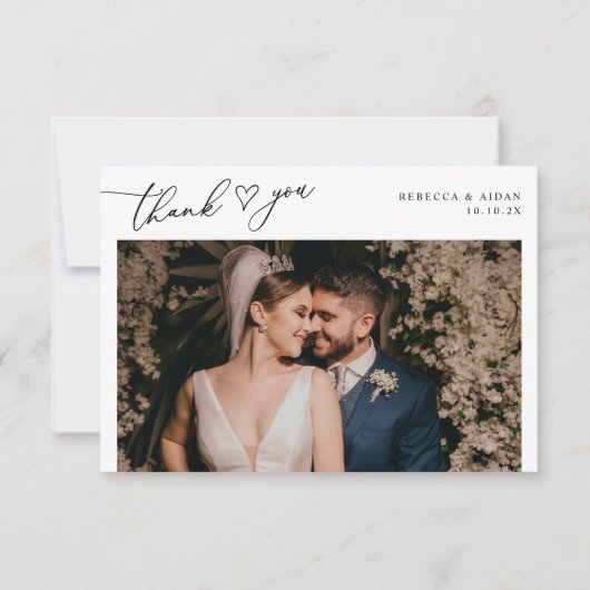 Carte De Remerciements Élégant Script Heart Green Photo Mariage (Devant)