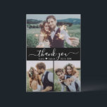 Carte De Remerciements Élégant Script Heart Photo Collage Mariage noir<br><div class="desc">Élégante, calligraphie moderne 3 Photo Collage Black Mariage Carte de remerciements. Modèle mariage élégant avec trois (3) photos sur le devant et une (1) photo sur le dos. Avec le texte "Merci" dans une tourbillonnant police de caractères d'arrière-plan en lettres blanches sur l'arrière - plan noir. Personnalisez le nom personnalisé...</div>