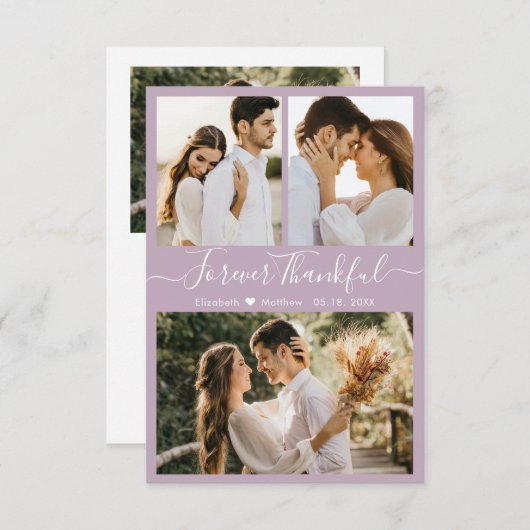 Carte De Remerciements Élégant Script Lilac 3 Photo Collage Mariage (Devant / Derrière)