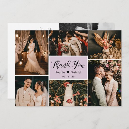 Carte De Remerciements Élégant Script Lilac Mariage Multiphoto Collage (Devant / Derrière)