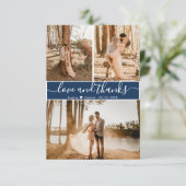 Carte De Remerciements Élégant Script Marine Mariage 3 Photo Collage (Debout devant)