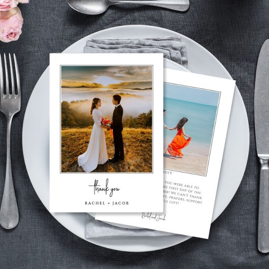 Carte De Remerciements Elegant Script Minimalist 2-Photo Wedding