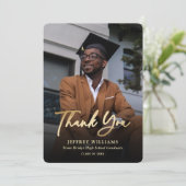 Carte De Remerciements Élégant Script moderne Black Gold Photo Graduation (Debout devant)