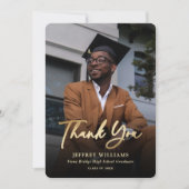 Carte De Remerciements Élégant Script moderne Black Gold Photo Graduation (Devant)