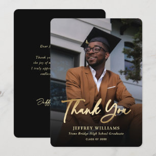 Carte De Remerciements Élégant Script moderne Black Gold Photo Graduation