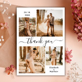 Carte De Remerciements Élégant Script noir blanc 4 Photo Collage Mariage