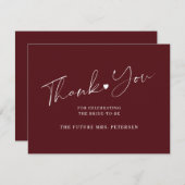 Carte De Remerciements Élégant script nuptiale douche bordeaux (Devant / Derrière)