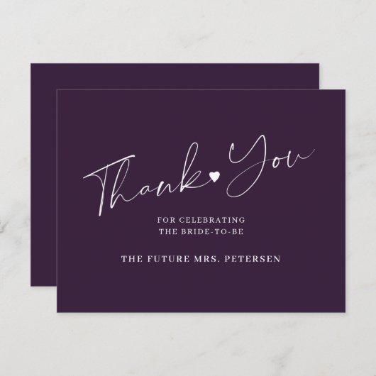 Carte De Remerciements Élégant script nuptiale douche prune violette (Devant / Derrière)