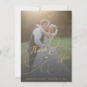 Carte De Remerciements Élégant script or 2 photos mariage (Devant)