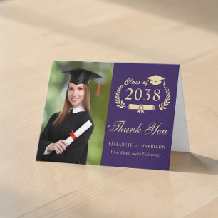 Carte De Remerciements Élégant Script Or Photo Violet Remise de diplômes