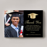Carte De Remerciements Élégant Script Photo Black Gold Graduation<br><div class="desc">Élégant carte de remerciements de graduation noire avec un casquette de grade d'or,  une photo du diplômé,  "Merci" dans un script d'or classique,  et votre message de remerciement customisé et le nom de la diplômée dans la typographie d'or serif moderne.</div>