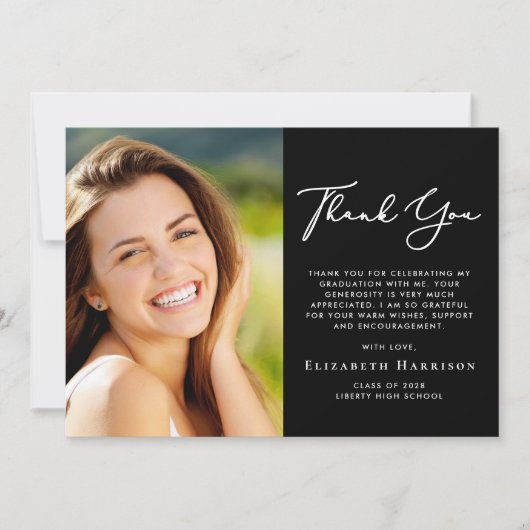 Carte De Remerciements Élégant Script Photo Black Graduation (Devant)