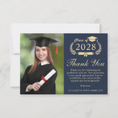 Carte De Remerciements Élégant Script Photo Blue Gold Graduation (Devant)