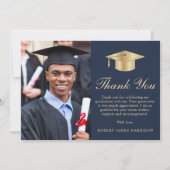 Carte De Remerciements Élégant Script Photo Blue Gold Graduation (Devant)