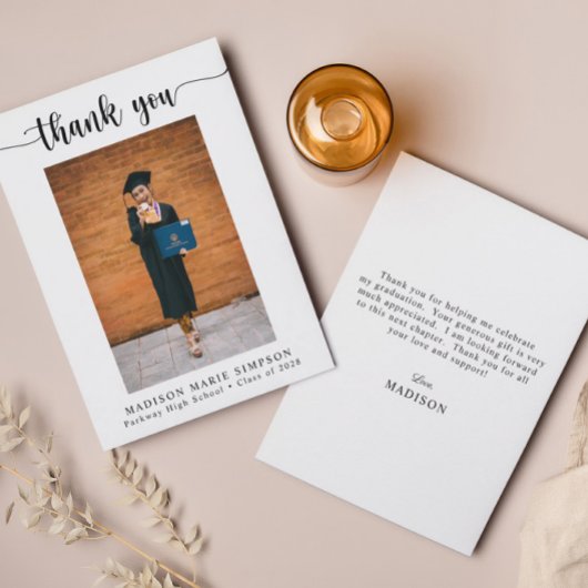 Carte De Remerciements Élégant script photo Graduation