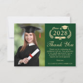 Carte De Remerciements Élégant Script Photo Green Gold Graduation (Devant)