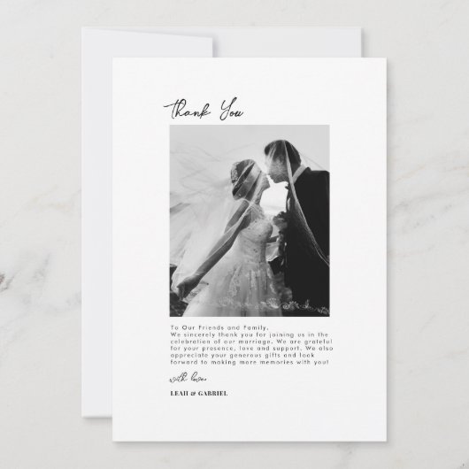 Carte De Remerciements Élégant script photo Mariage noir et blanc (Dos)