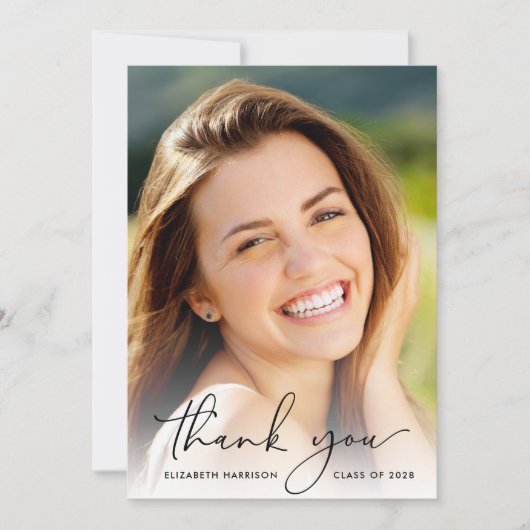 Carte De Remerciements Élégant Script Photo Overlay Graduation (Devant)