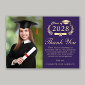 Carte De Remerciements Élégant Script Photo Purple Gold Graduation