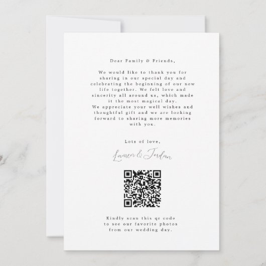 Carte De Remerciements Élégant script photo Qr Code Mariage (Dos)