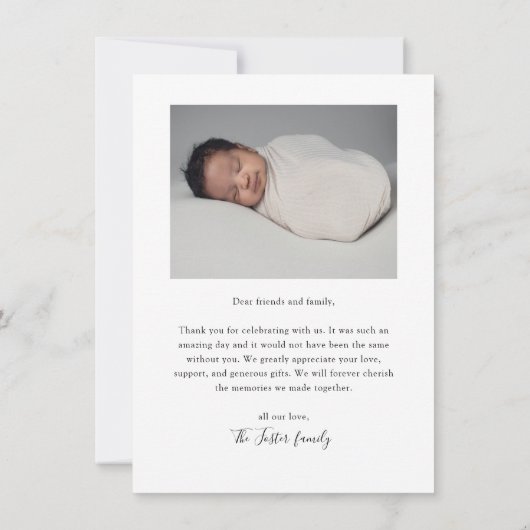 Carte De Remerciements Élégant Script Simple Baby Photo (Dos)