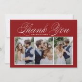 Carte De Remerciements Élégant Script Trois Photo Collage Mariage rouge (Devant)