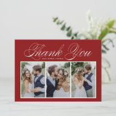 Carte De Remerciements Élégant Script Trois Photo Collage Mariage rouge (Debout devant)