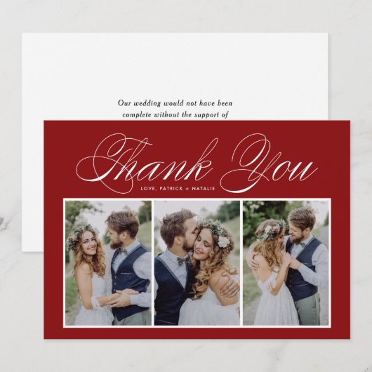 Carte De Remerciements Élégant Script Trois Photo Collage Mariage rouge (Devant / Derrière)