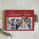 Carte De Remerciements Élégant Script Trois Photo Collage Mariage rouge<br><div class="desc">Envoyez des remerciements à votre famille et à vos amis pour avoir participé à votre événement avec ce collage photo personnalisable merci carte à plat. Il présente un script élégant et une typographie simple. Personnalisé en ajoutant vos propres détails et en affichant vos photos mariages préférées. Ce carte de remerciements...</div>