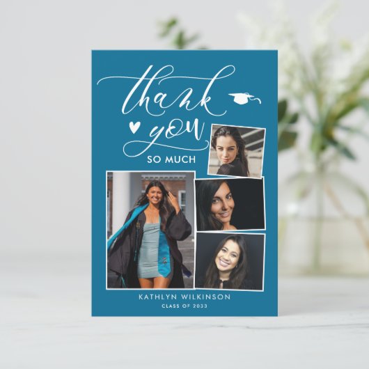 Carte De Remerciements Élégant Script Turquoise Chic 4 Photo Graduation (Debout devant)