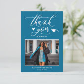 Carte De Remerciements Élégant Script Turquoise Photo Simple Graduation (Debout devant)