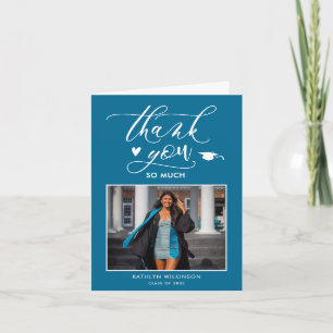 Carte De Remerciements Élégant Script Turquoise Photo Simple Graduation