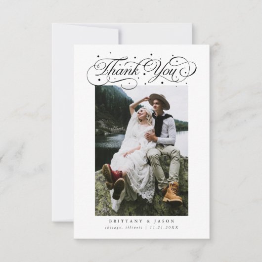 Carte De Remerciements Elégant Script typographie Points Photo Mariage Bl (Devant)